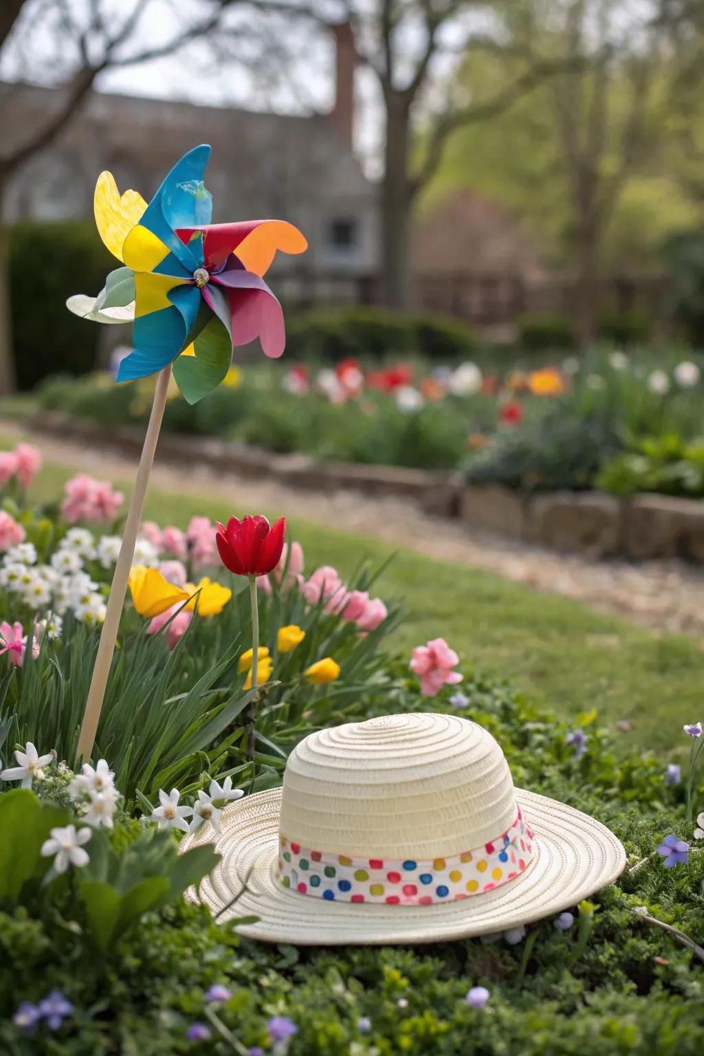 A whimsical Easter bonnet with a playful pinwheel.