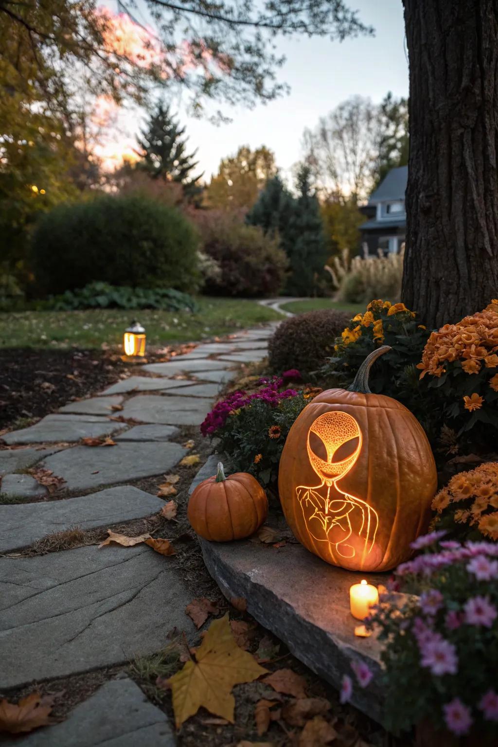 An alien pumpkin with its home planet, inviting curiosity.