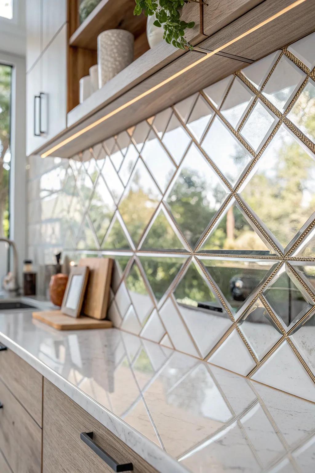 Transform your kitchen with the elegance of mirror tiles for a touch of luxury and openness.