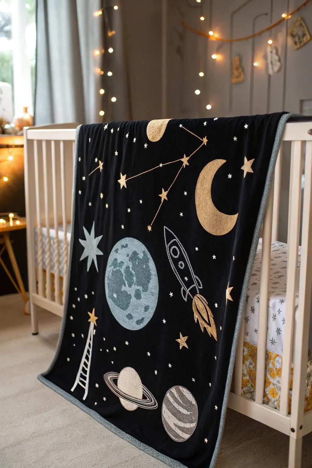 Celestial themes on black canvas for a dreamy nursery.