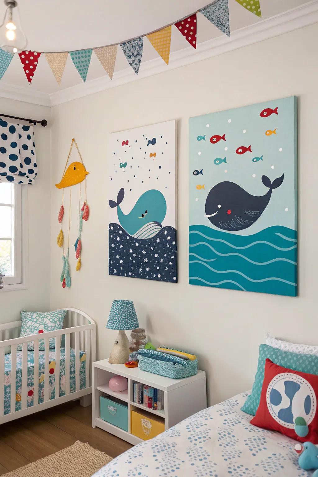 A playful trio of whale canvases adds charm to a child's bedroom.