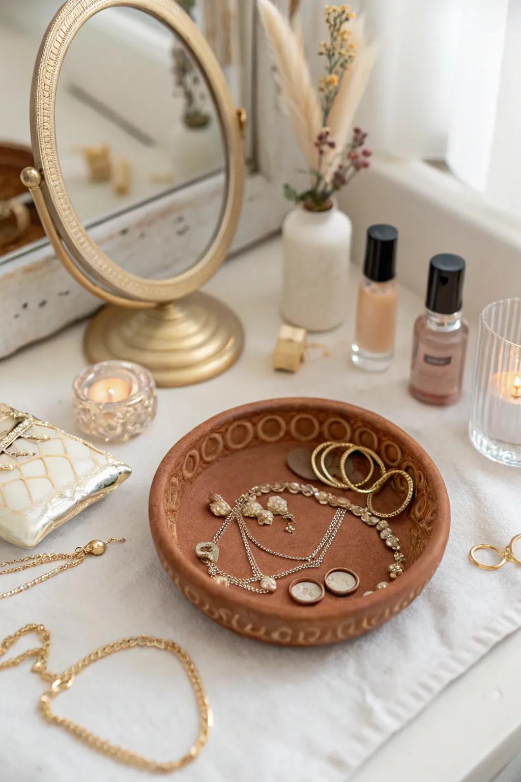 A chic clay jewelry dish, ideal for keeping your treasures organized.