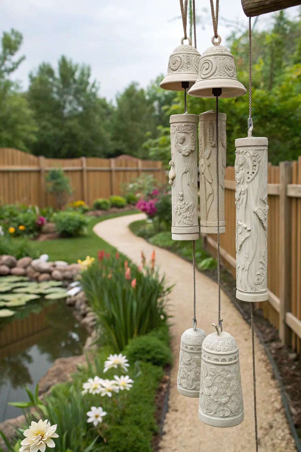 Plaster wind chimes bring music to your garden.