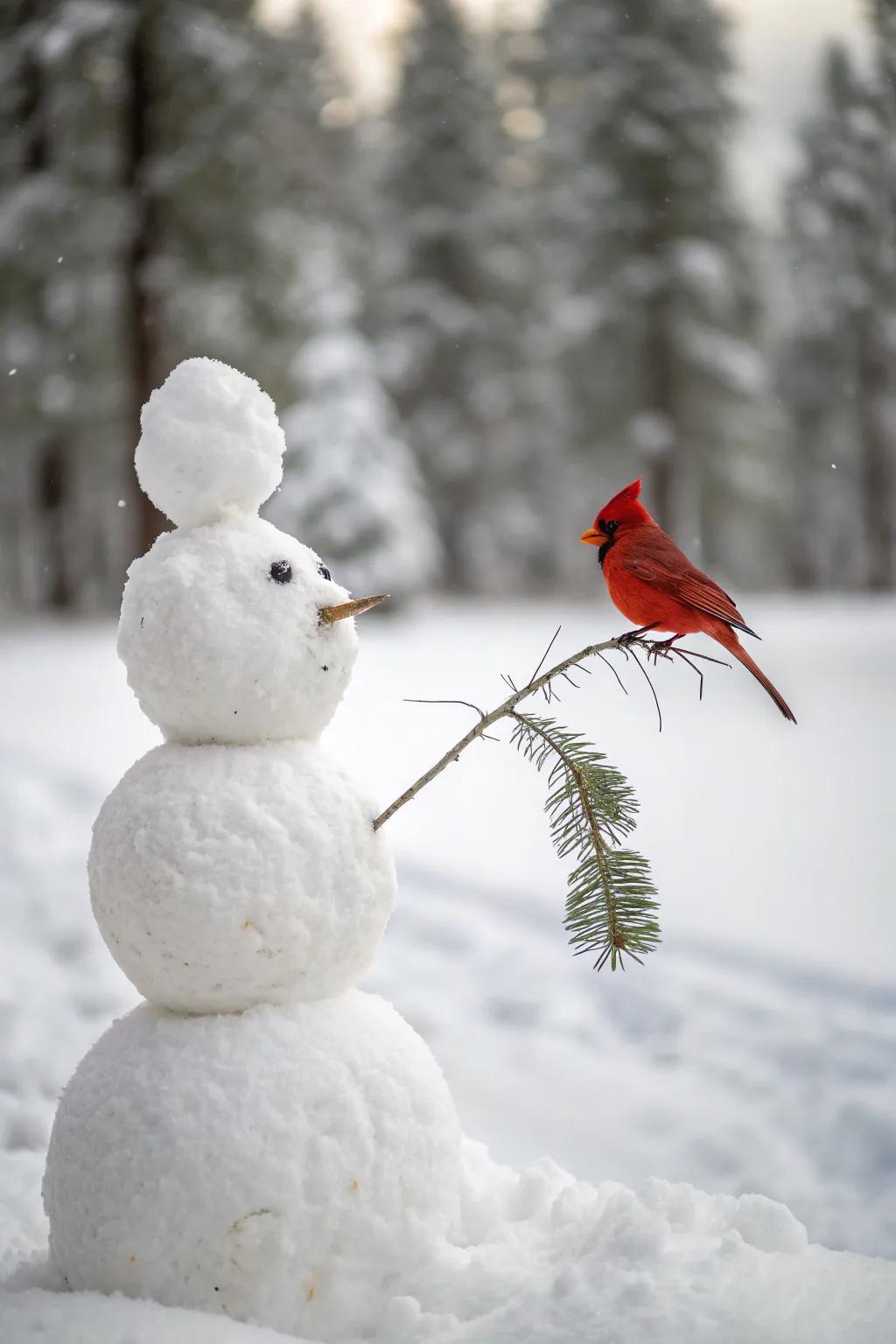 Embrace winter's artistry with a snowman and its cardinal companion.