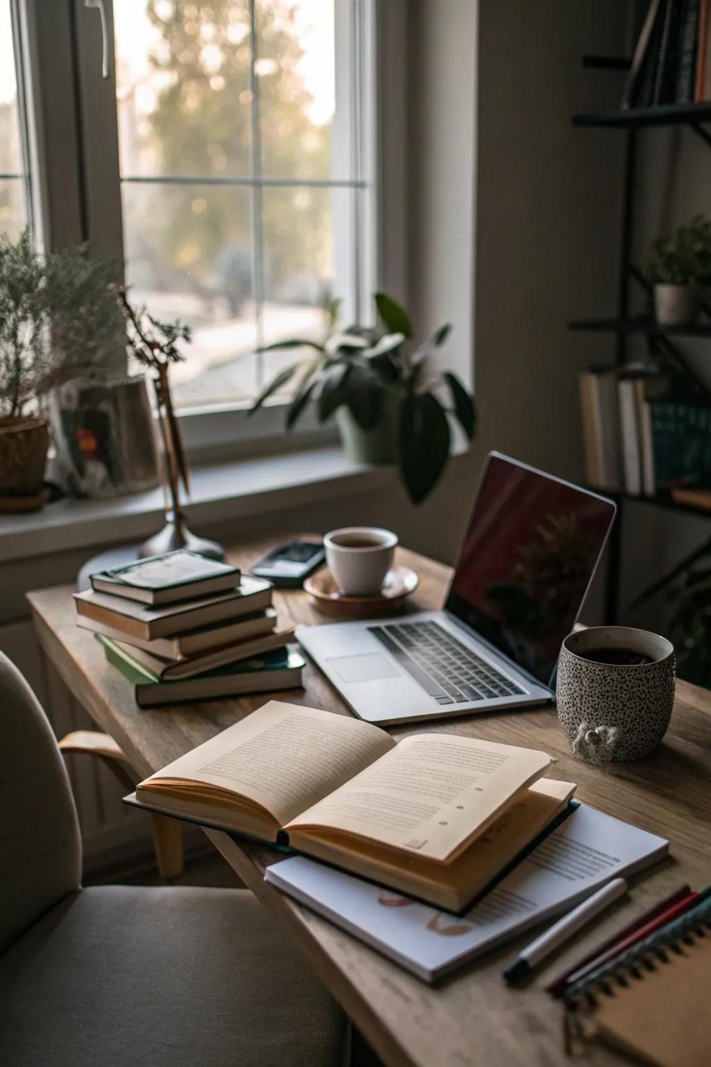 Natural light enhances the colors and textures of this eclectic office.