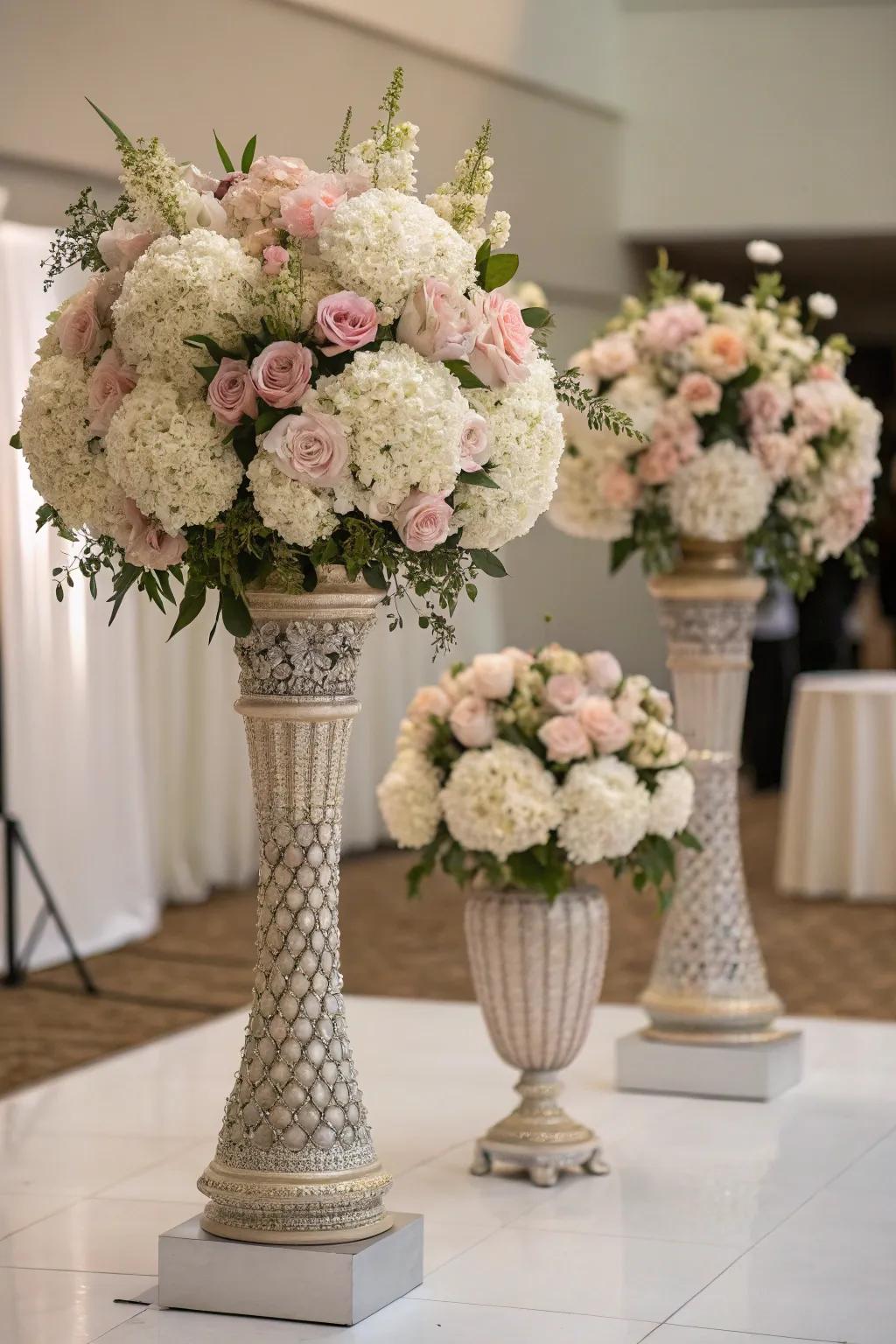 Refined floral arrangements with monochromatic blooms add elegance and sophistication.