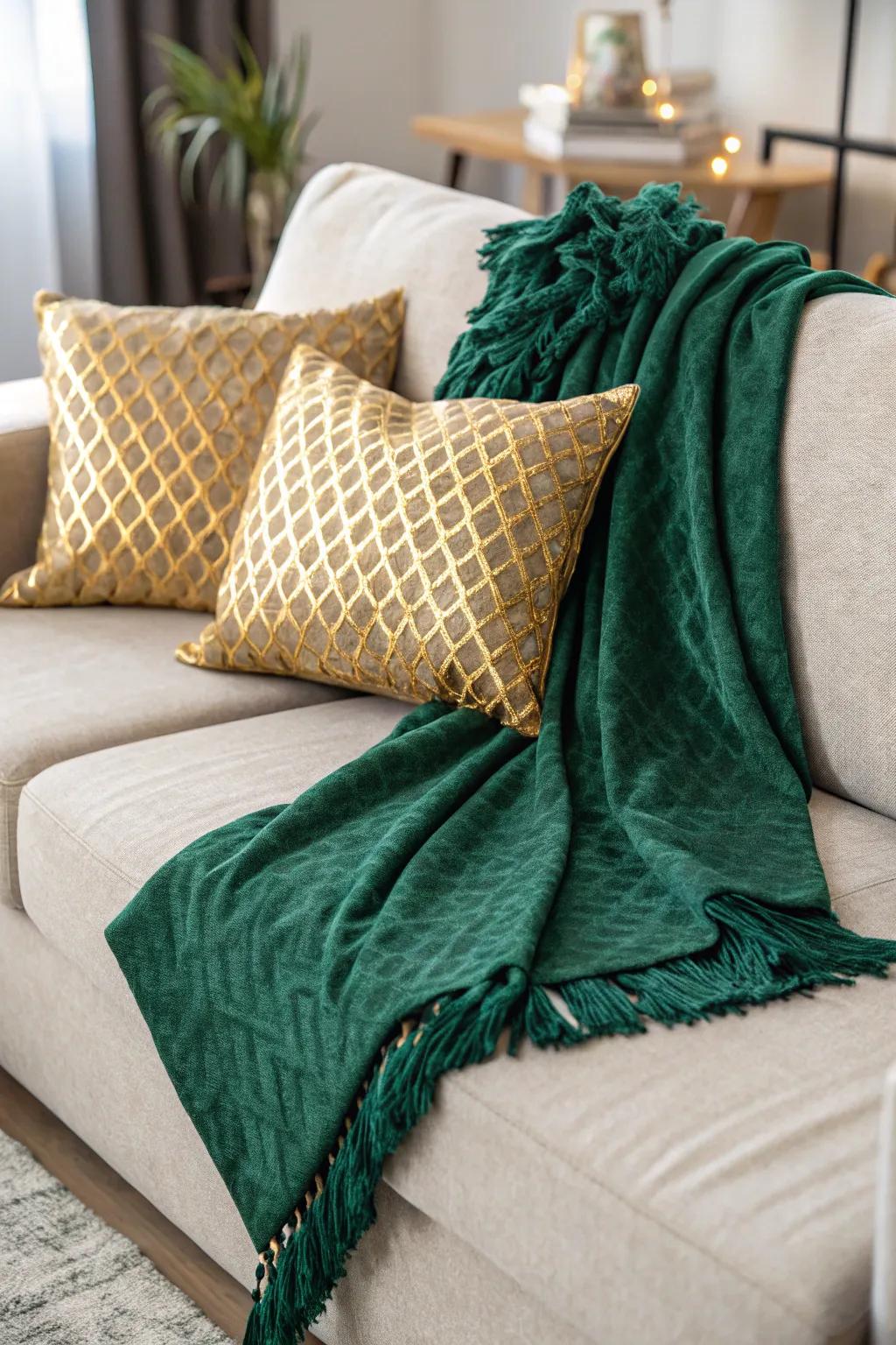 A cozy sofa featuring an emerald green throw blanket and gold accent pillows.