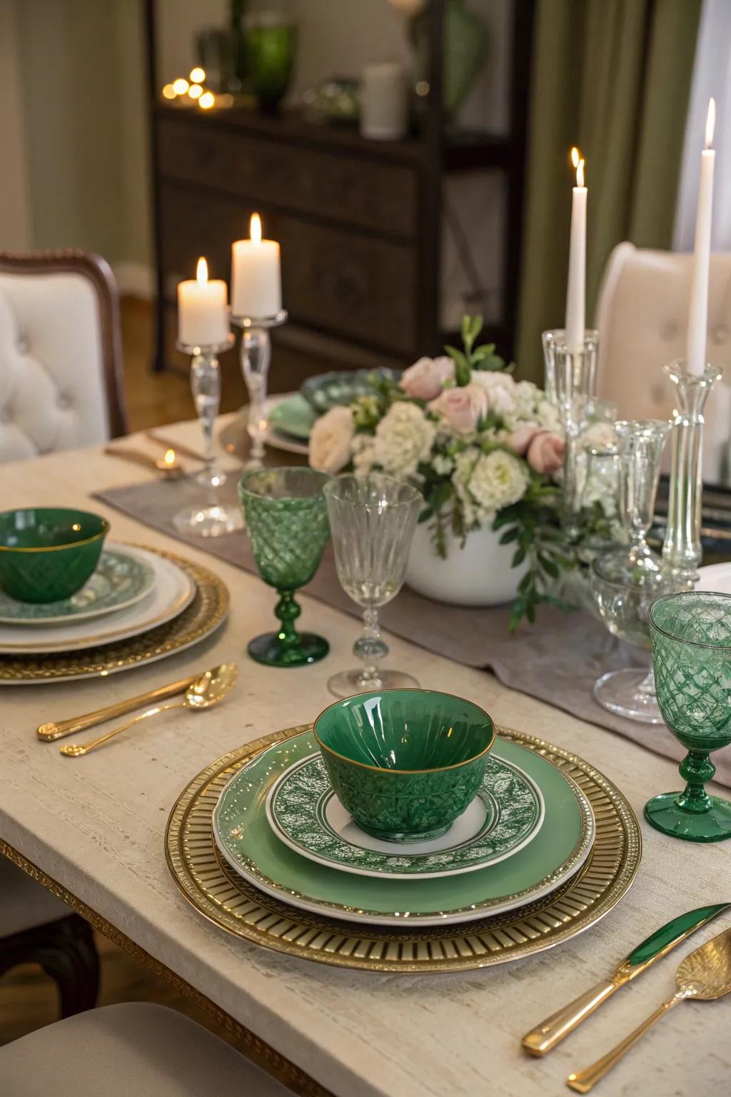 Emerald green tableware adds a special touch to dining experiences.