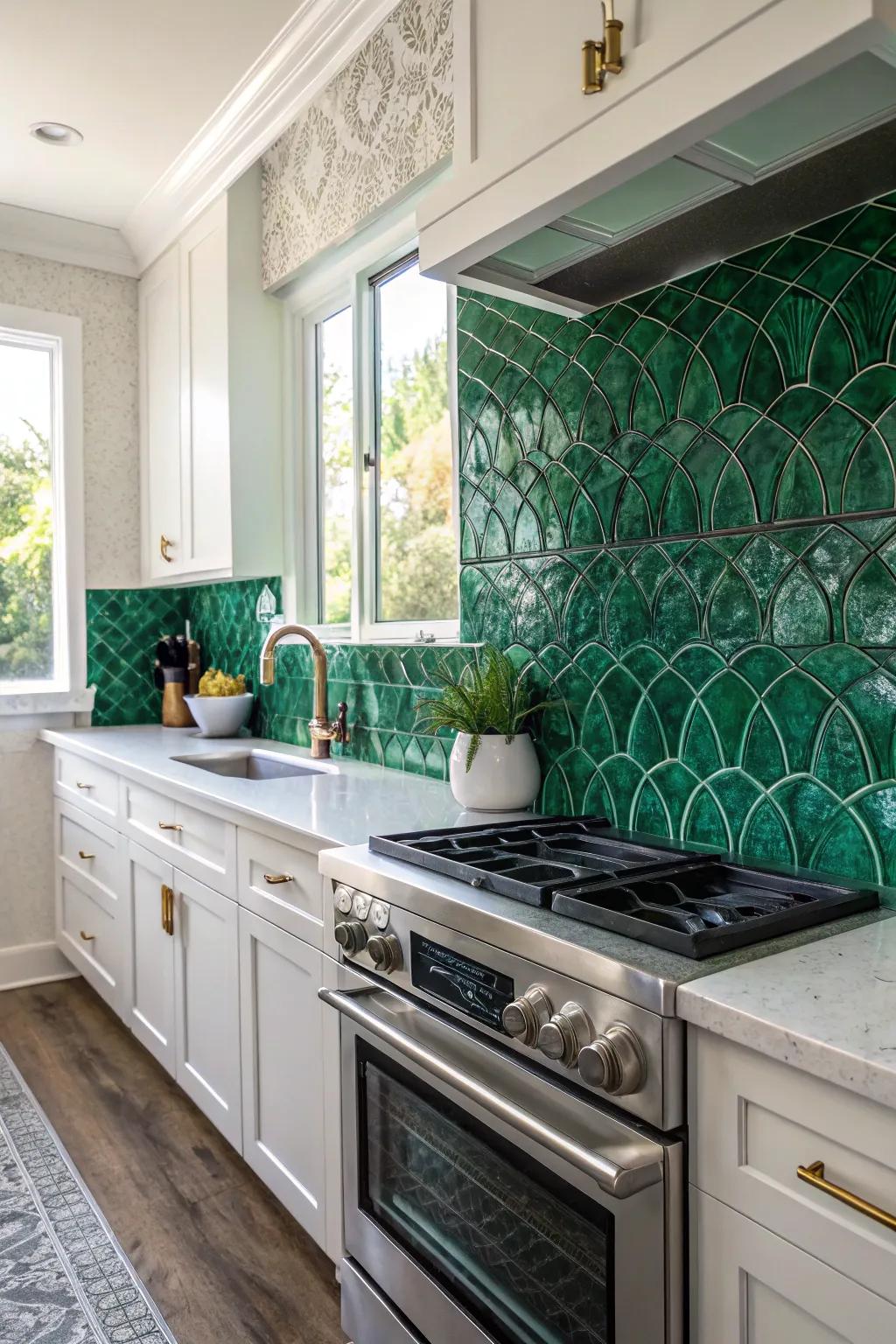 A kitchen featuring a textured emerald green backsplash for added depth.