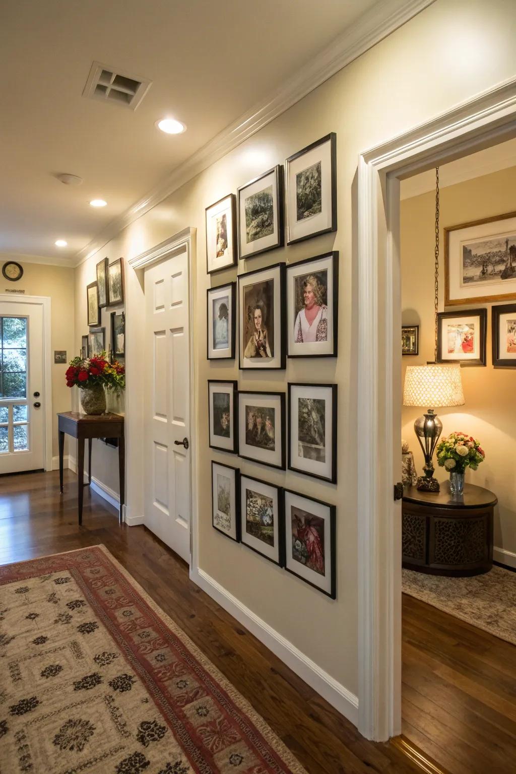 Personal touches like family photos create a welcoming entryway.