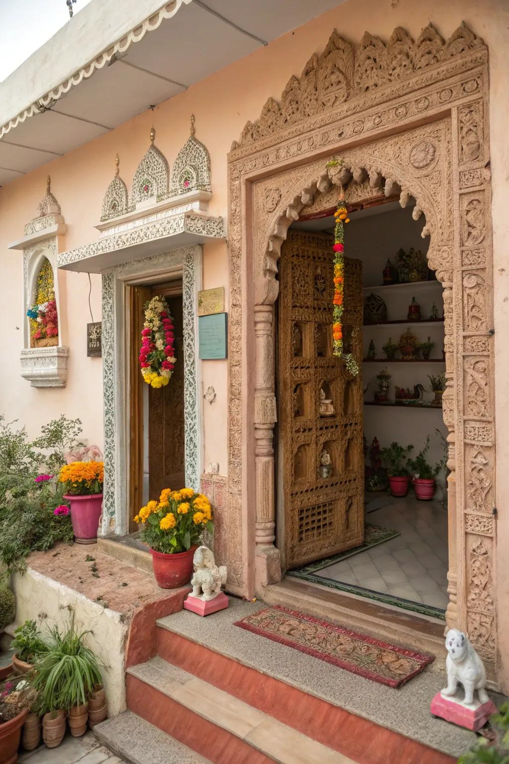 Decorative wall niches providing a platform for showcasing artifacts.