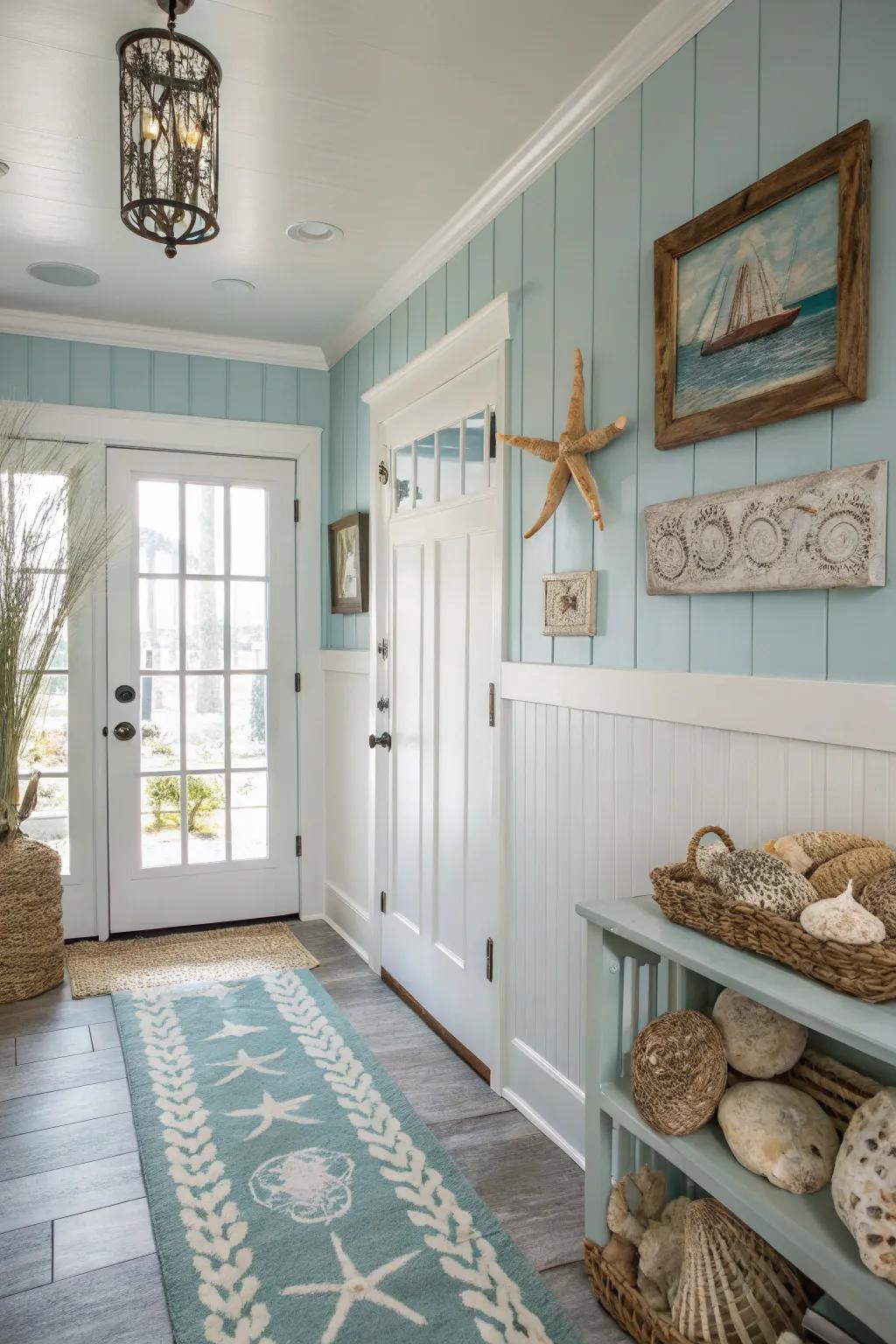 Light blue wainscoting brings coastal tranquility to your home.