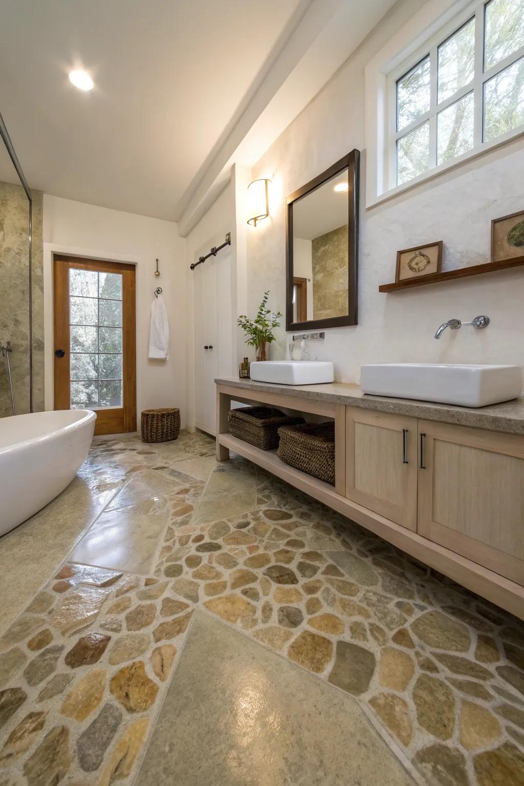 Natural stone-look epoxy floor creating a calming Zen bathroom.