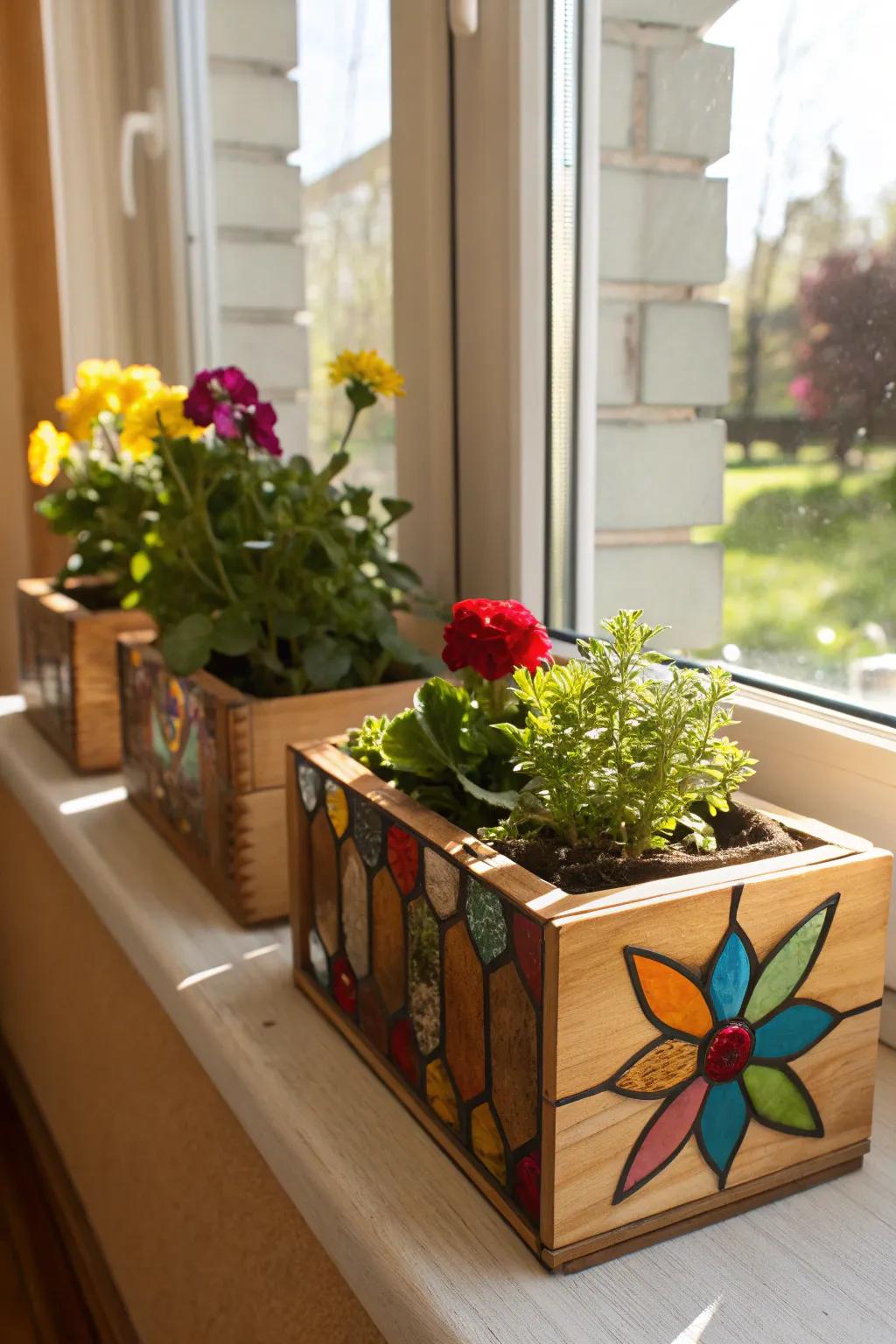 Epoxy inlay planter boxes, highlighting your favorite plants.