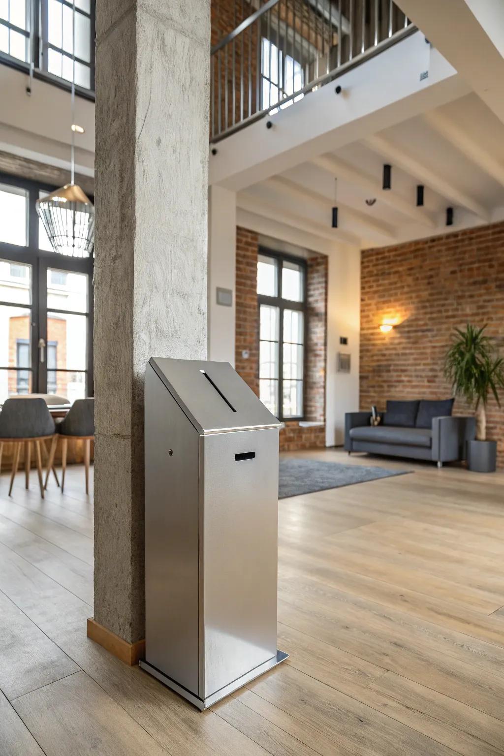 A sleek metal suggestion box in a modern minimalist living room.