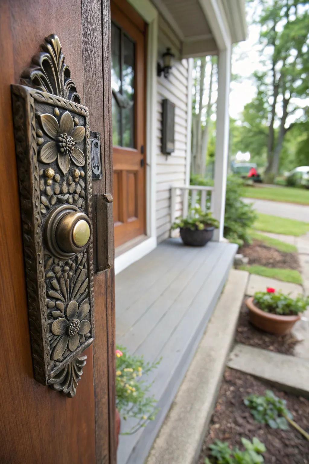 A unique doorbell adds charm and functionality.