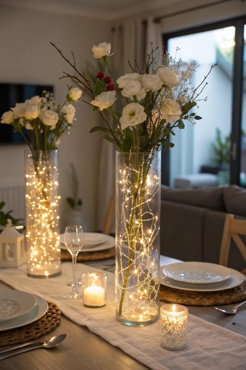 Clear vases filled with fairy lights, creating a stunning centerpiece.