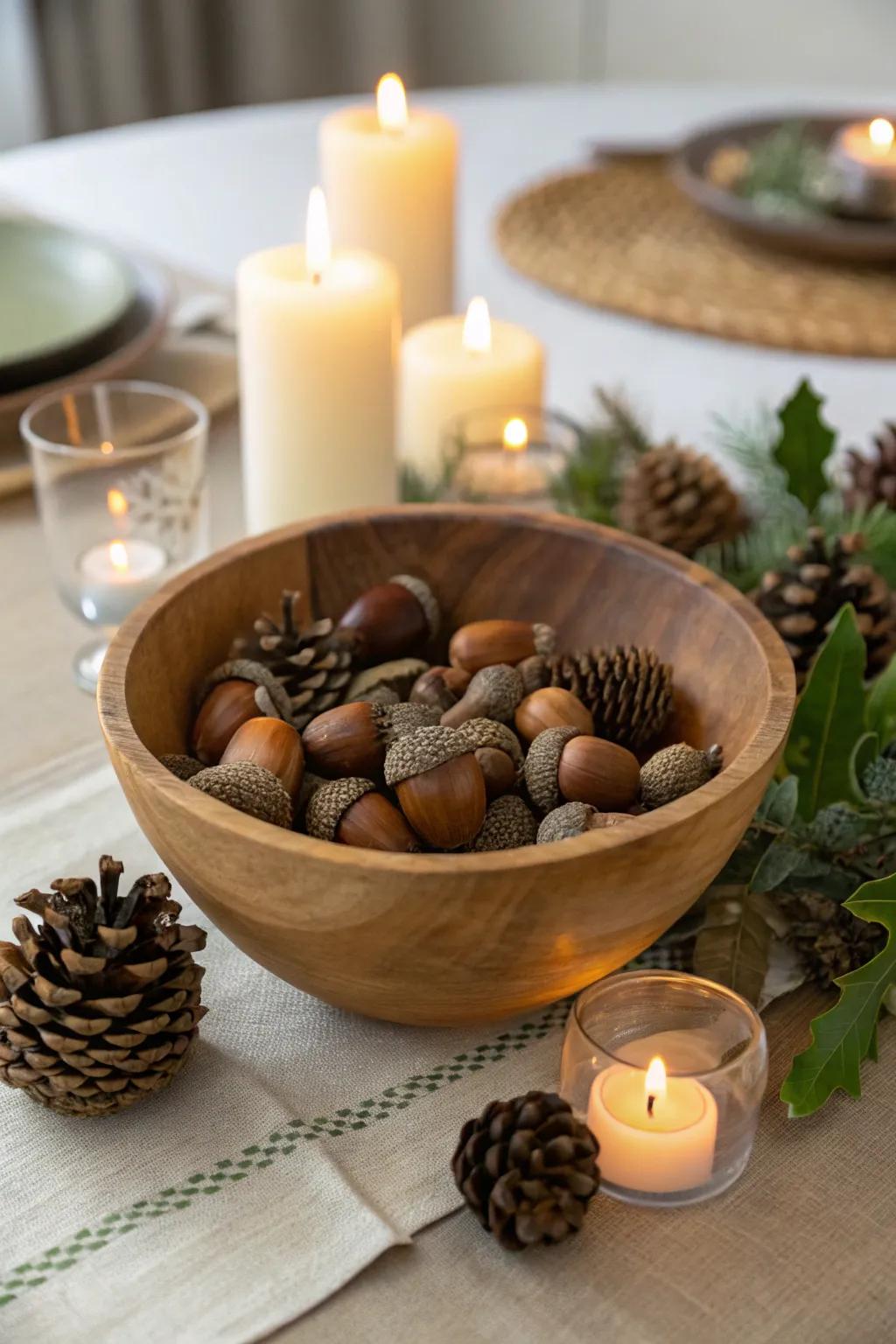 Acorns and pinecones create a natural, cozy centerpiece.