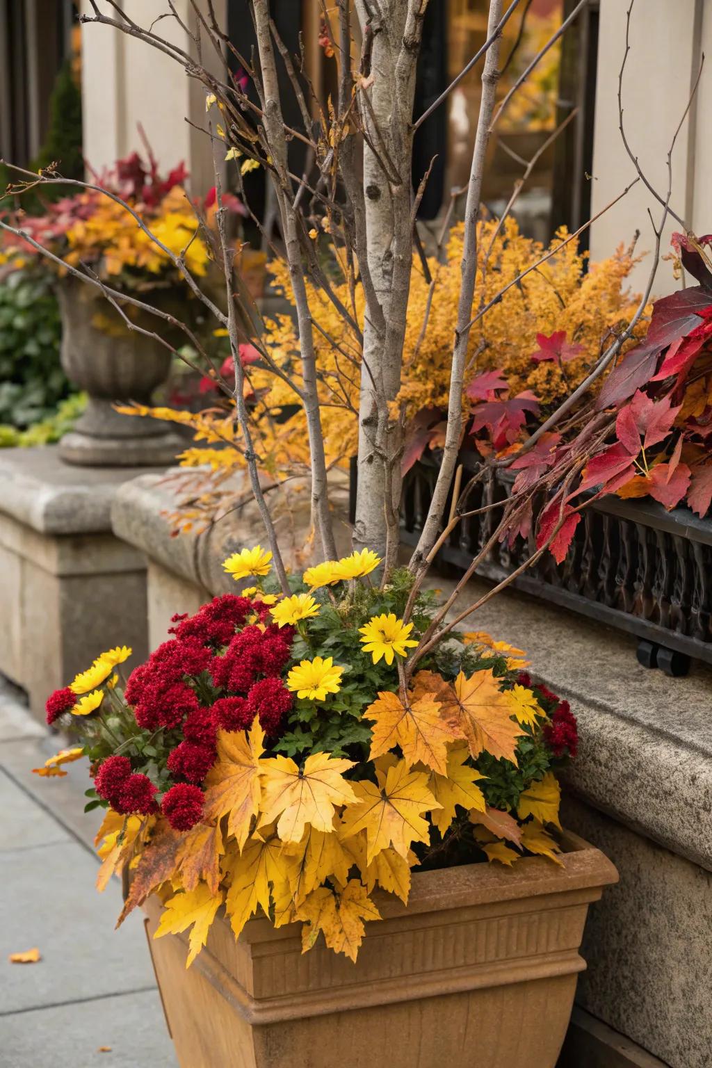 Natural textures enhance the rustic charm of fall planters.