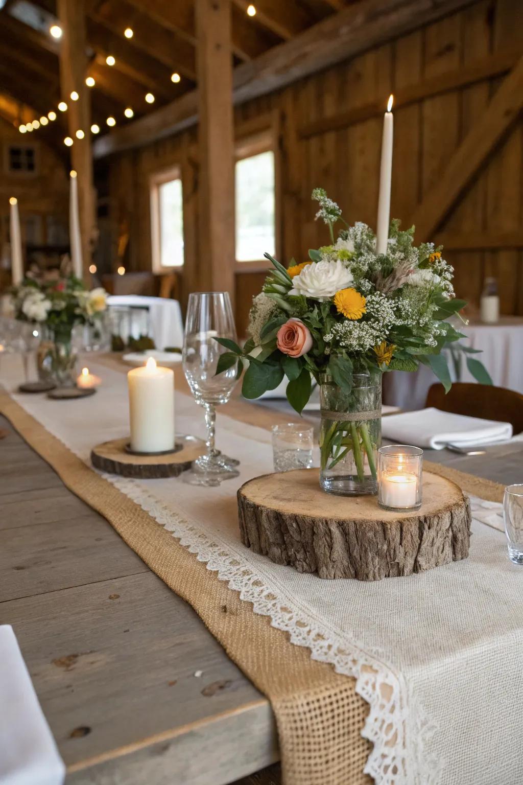 A burlap runner adds texture and warmth to a farmhouse centerpiece.