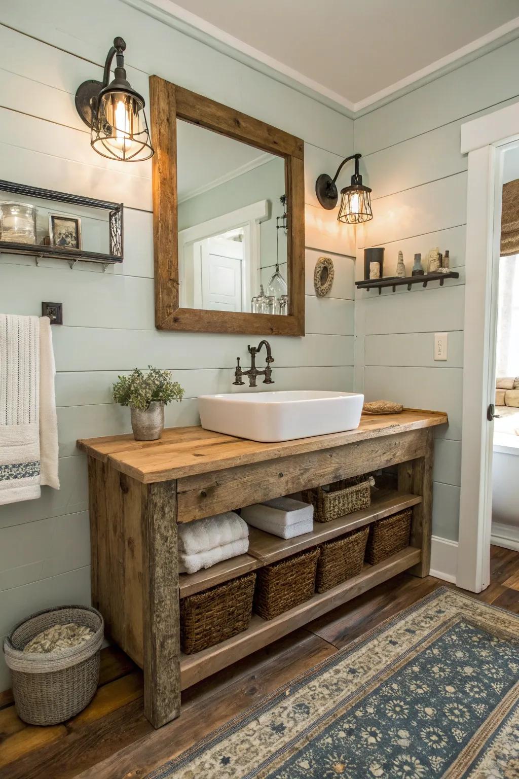 A farmhouse bathroom featuring a space-saving floating vanity with rustic charm.