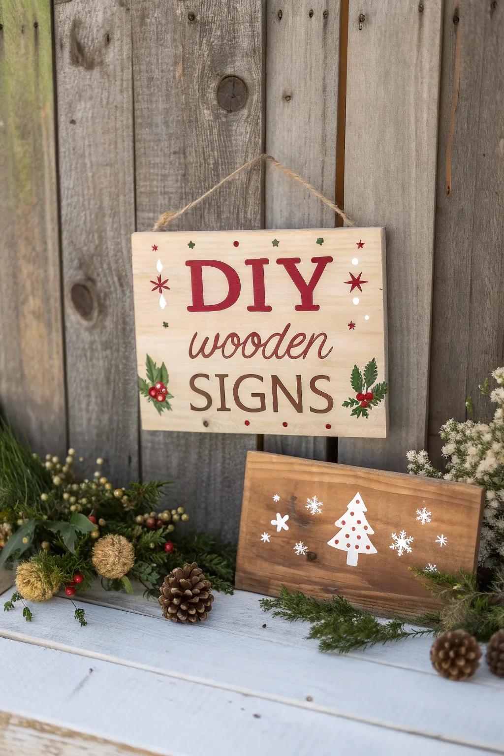 Charming DIY wooden signs with festive phrases.