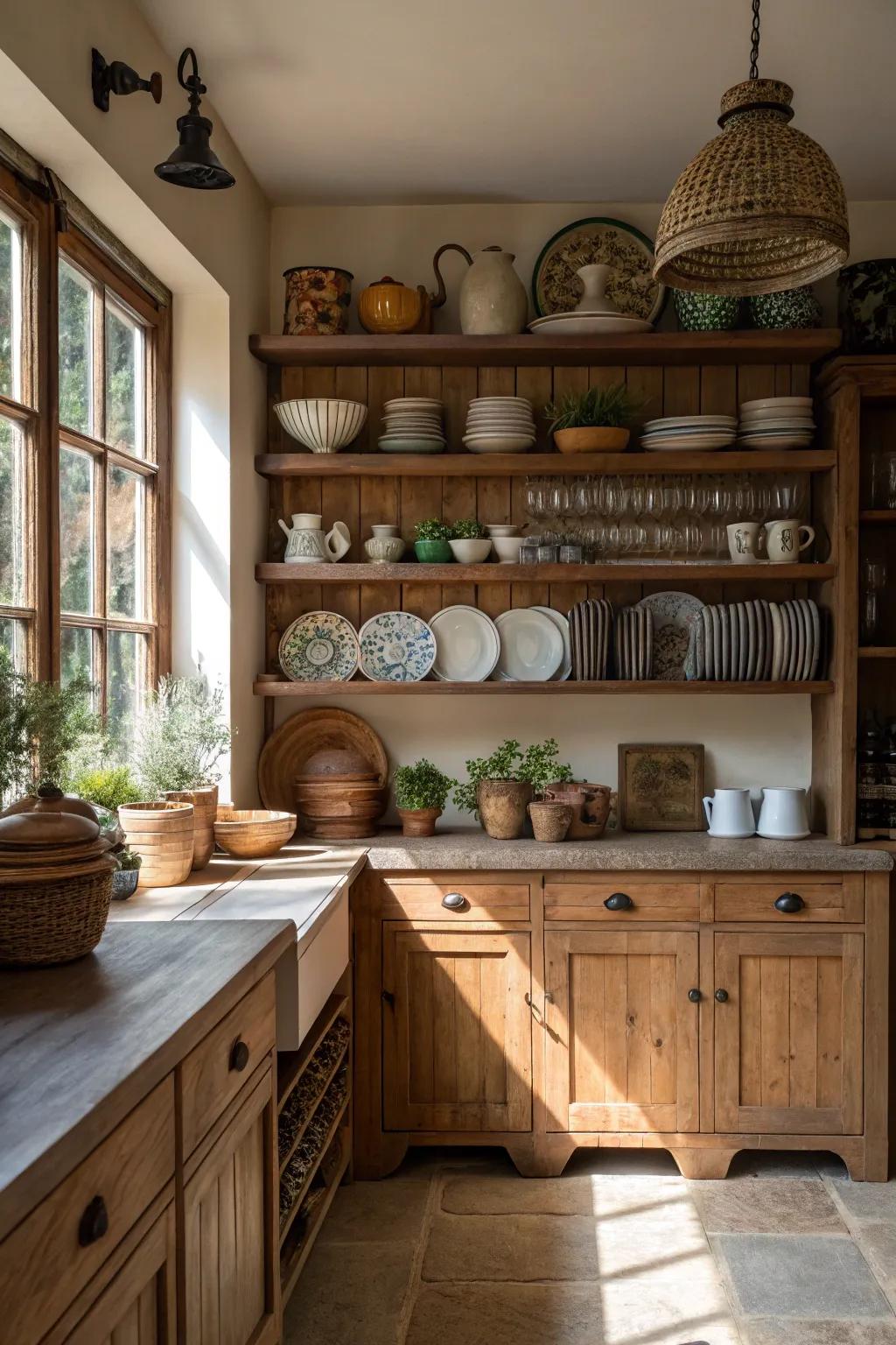 Open shelving offers practicality and style in farmhouse kitchens.