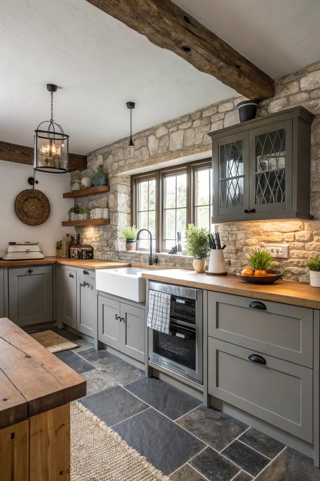 Farmhouse kitchen with matte finish cabinets and a modern aesthetic.