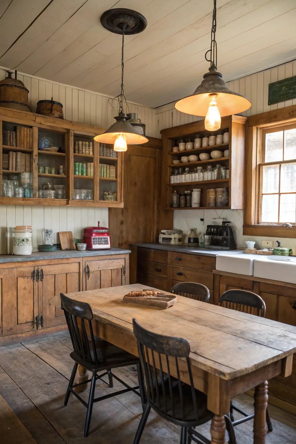 Vintage schoolhouse lights add timeless charm to the kitchen.