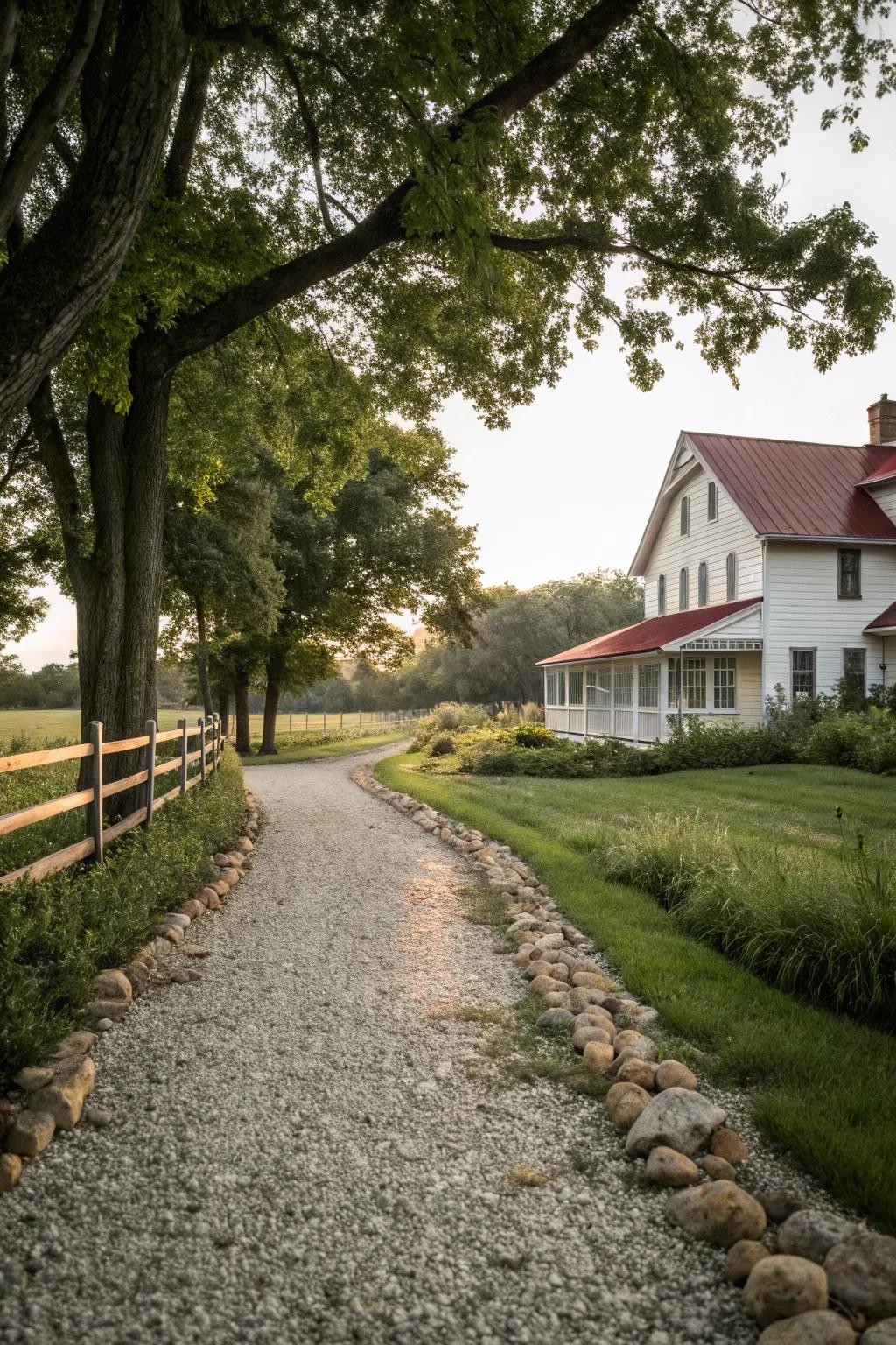 Pea gravel and stone borders create a clean, defined path to this farmhouse.