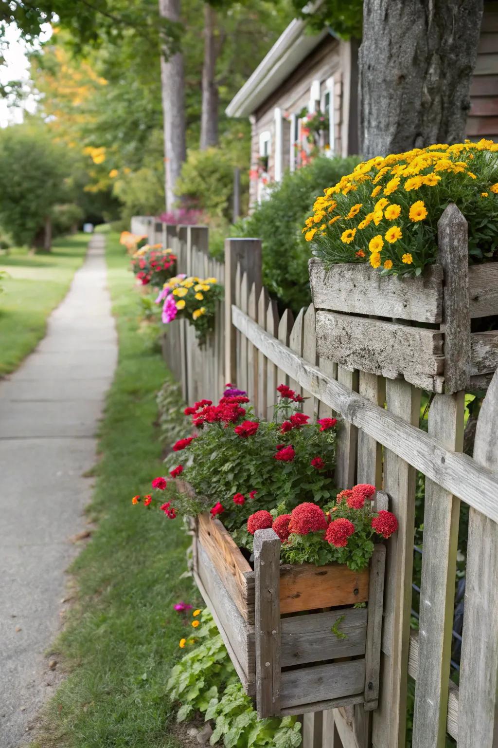 Rustic crate planters add a vintage charm to your fence.