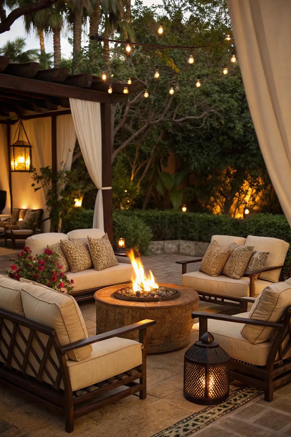 Upholstered outdoor seating provides a luxurious and comfortable fire pit experience.