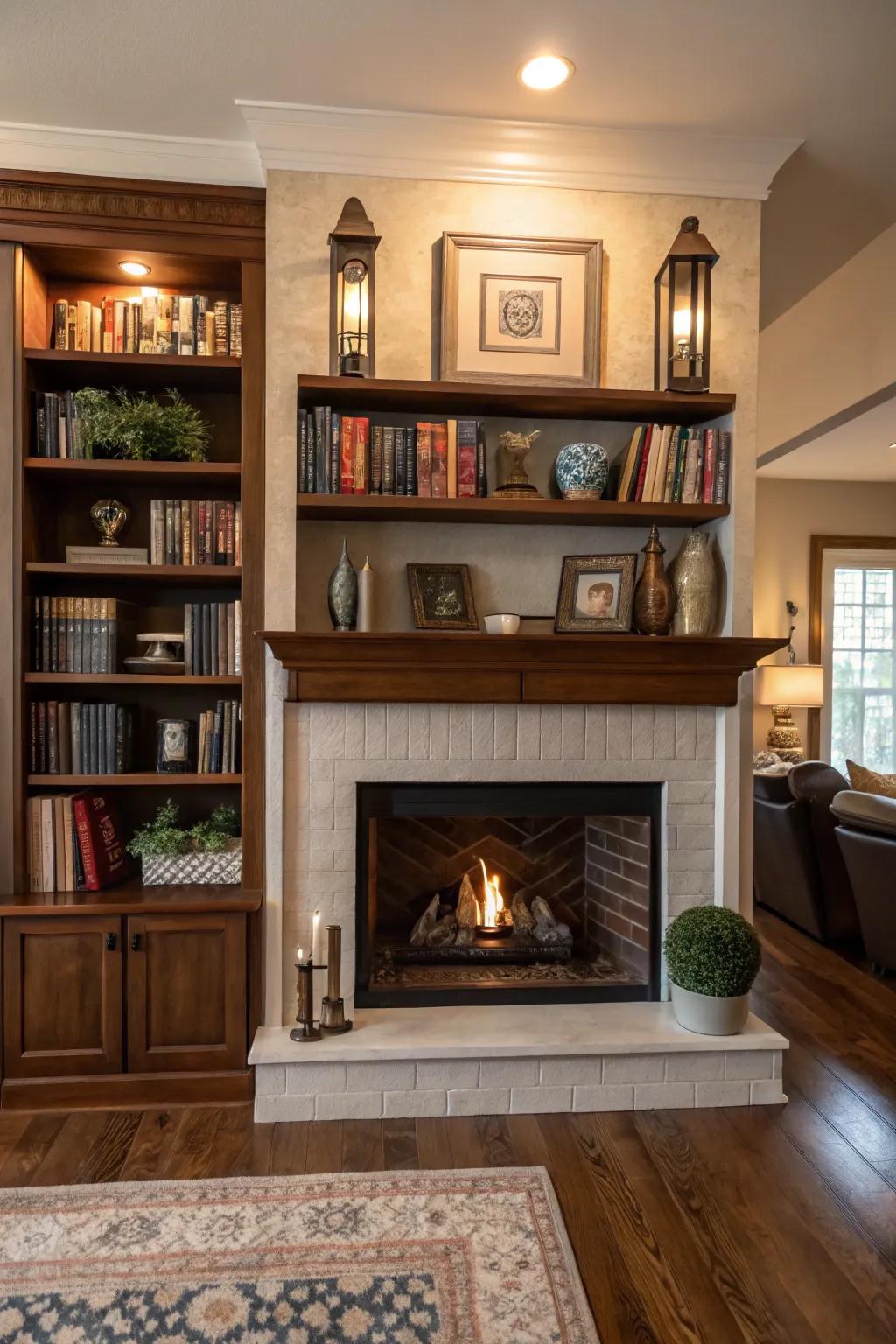 Built-in shelving adds functionality and style to this fireplace décor.