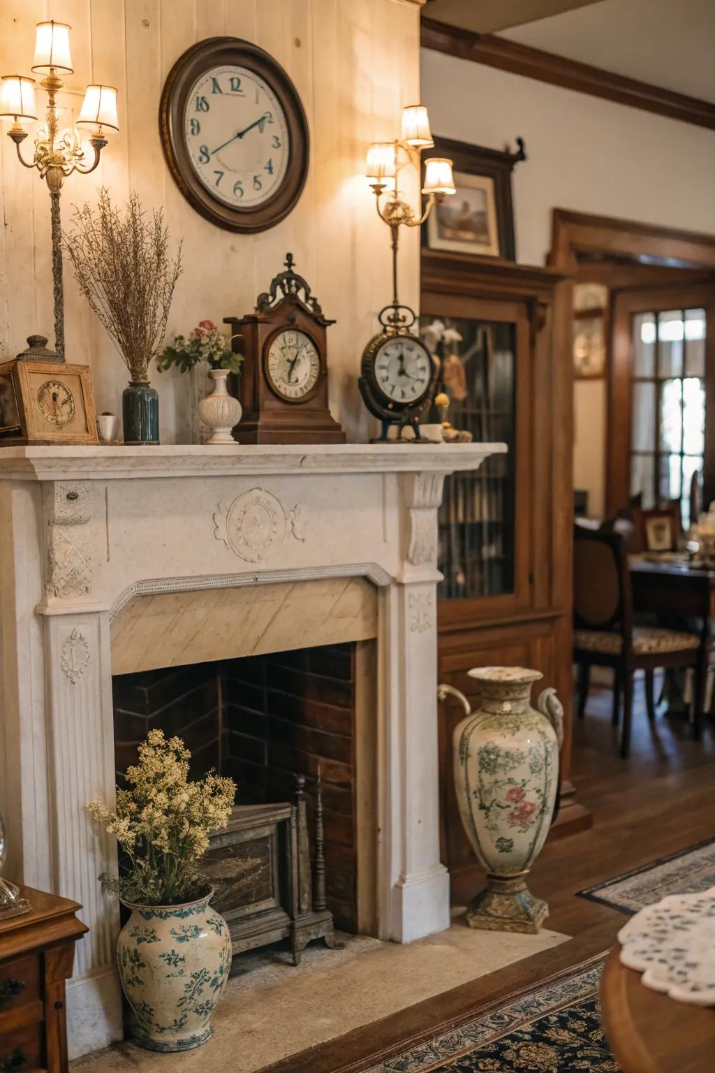 Antiques give your fireplace a timeless elegance.