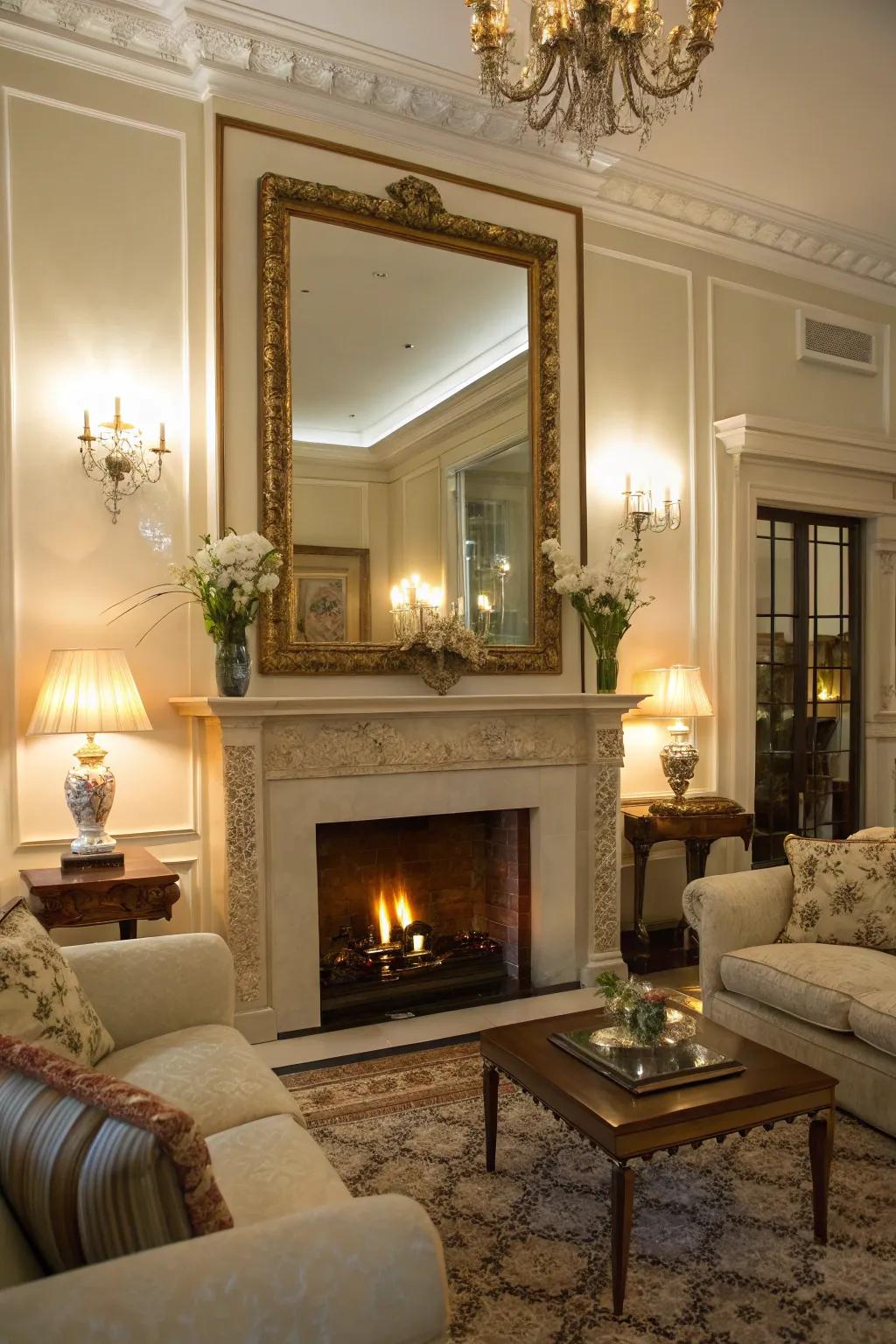 A large mirror above the fireplace, adding light and dimension to the room.