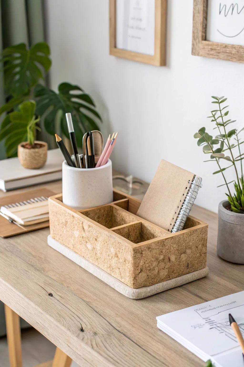 Elevate your desk space with a touch of creativity and sustainability. #DIYOrganizer #ScandiBohoStyle