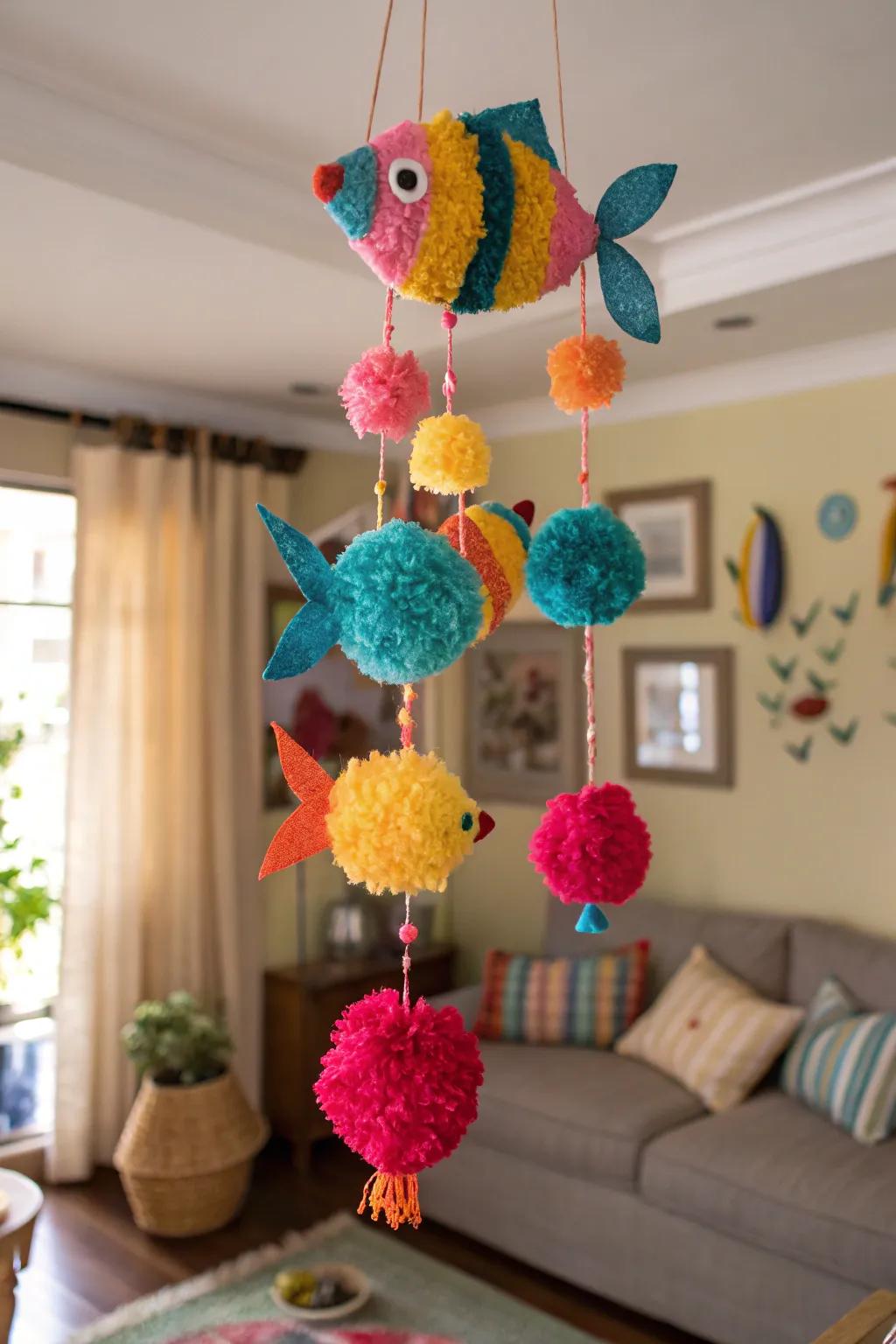 Add whimsy to your decor with a pom pom fish mobile.