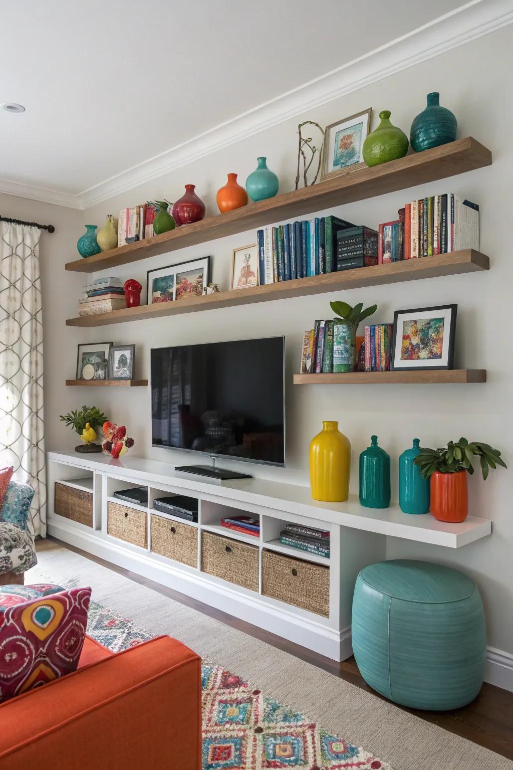 Floating shelves create a striking accent wall that highlights the TV area.