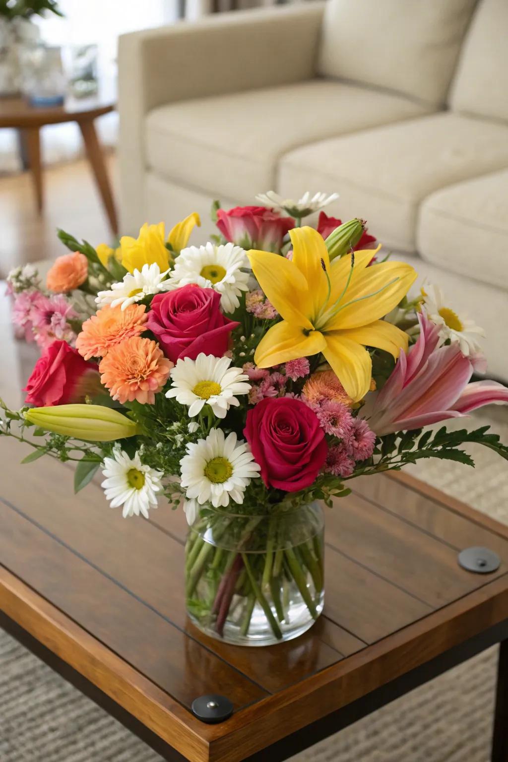 Clustered floral arrangement with mixed blooms.