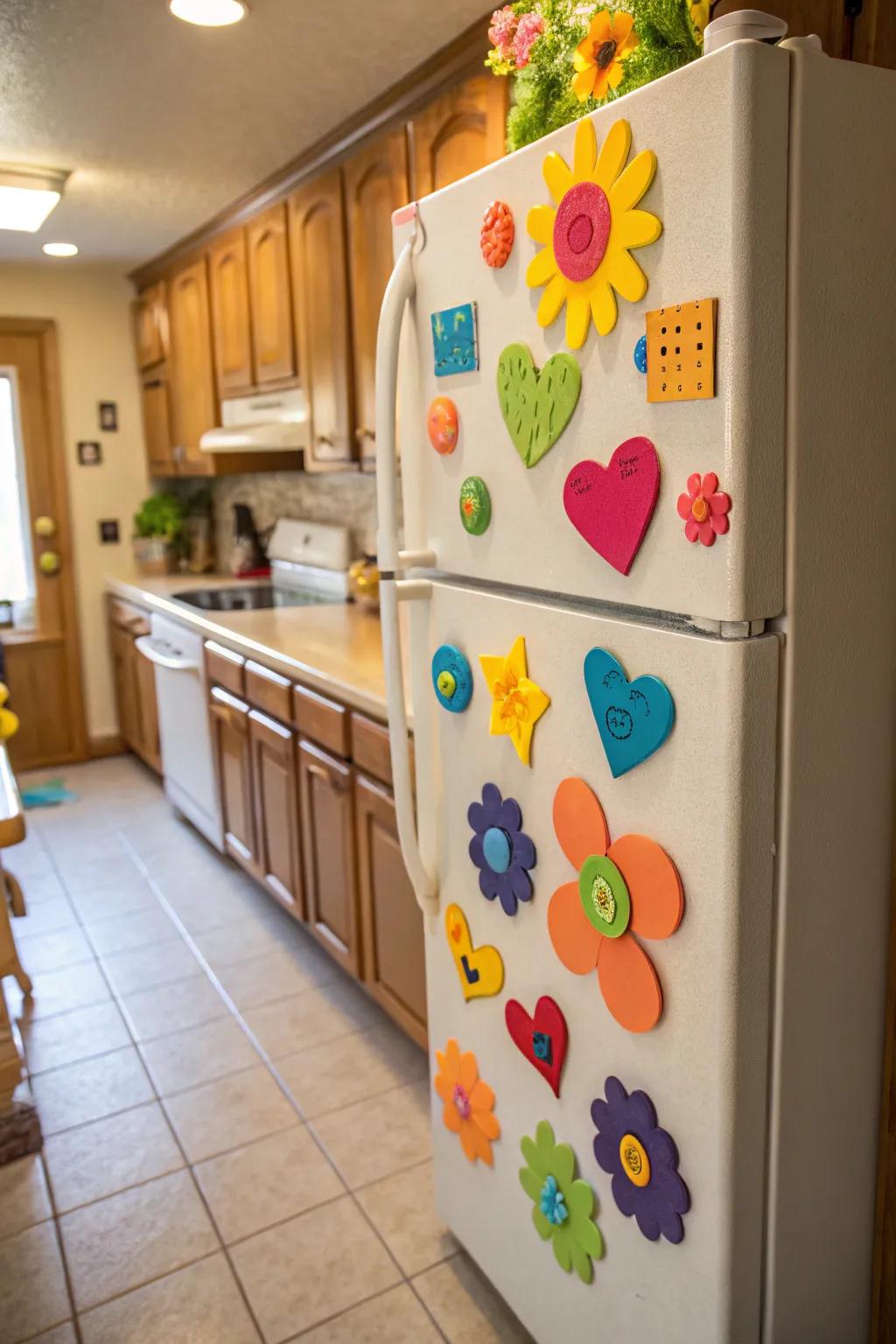 Quirky foam paper magnets bringing personality to the kitchen.