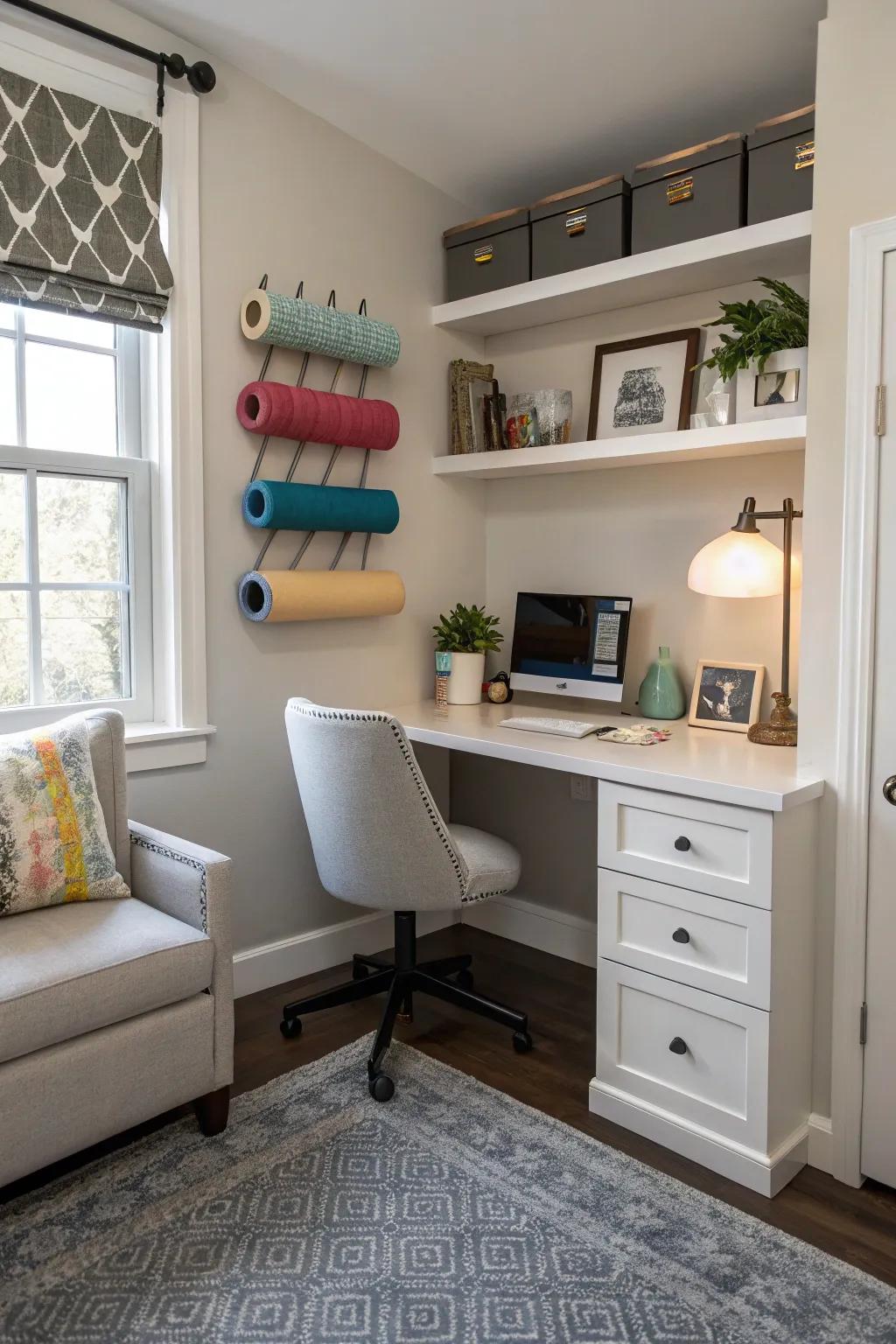 Utilize a corner nook for discreet foam roller storage.