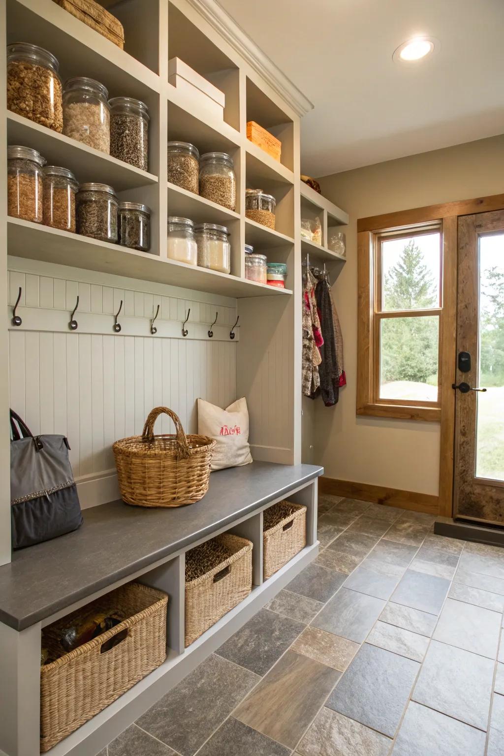 A mudroom-pantry combo for efficient space use.