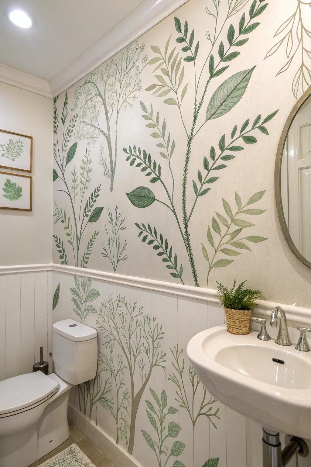 Delicate leaf patterns create a tranquil bathroom oasis.