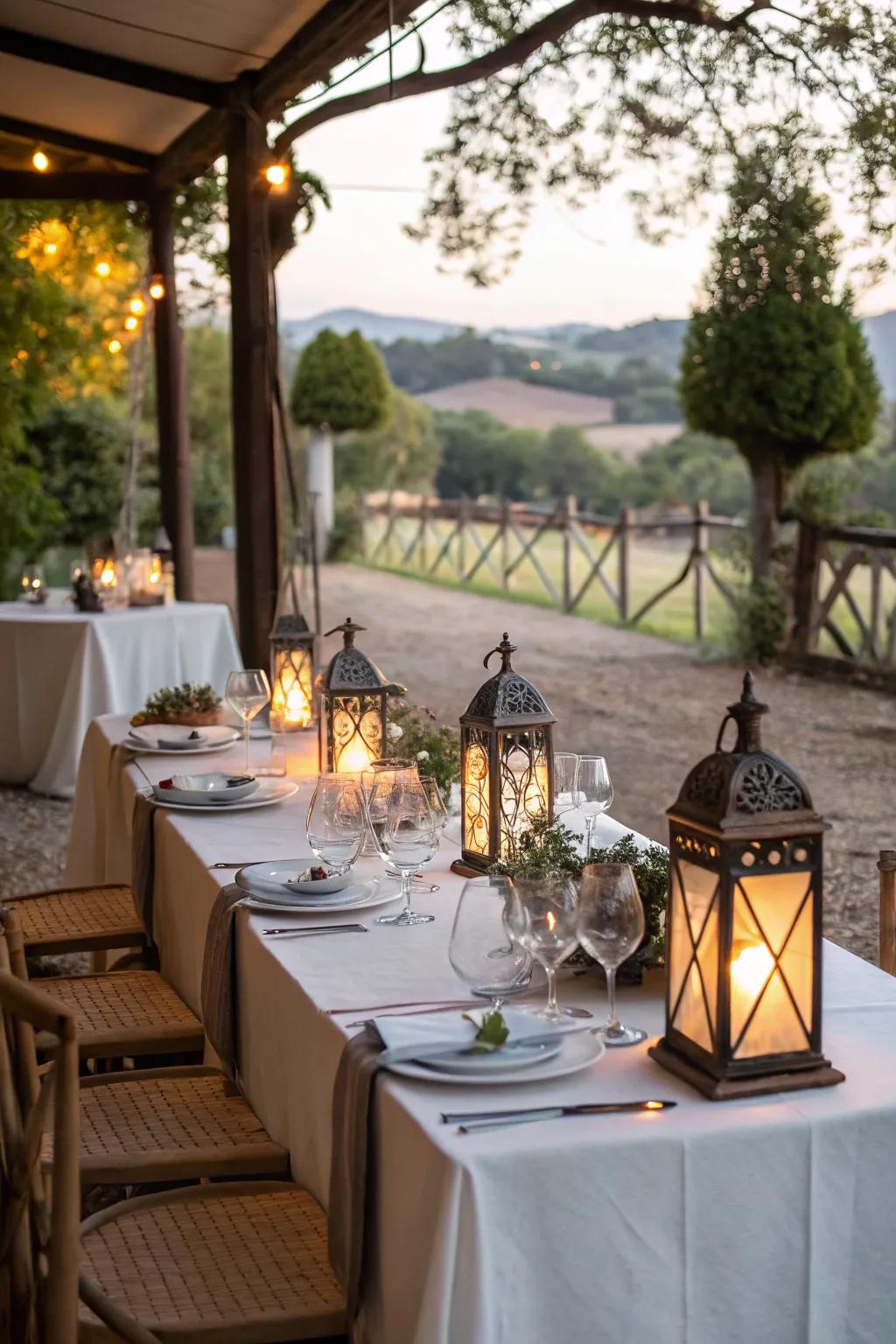 Rustic lanterns add cozy ambiance to a French-inspired dining table.