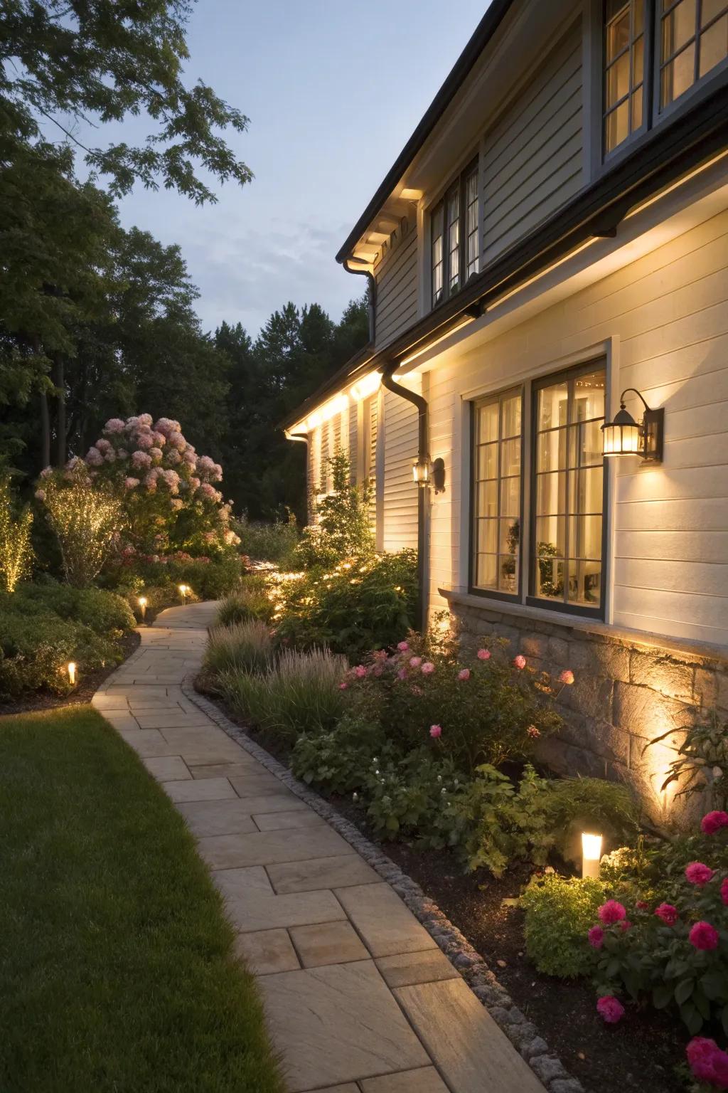 Nighttime elegance with lit frieze boards.