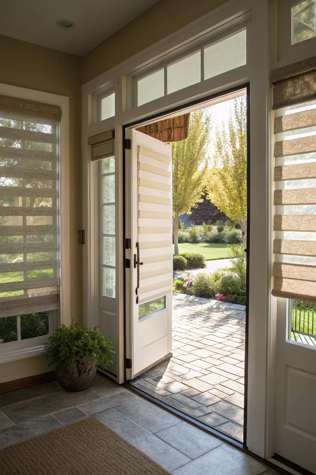 Versatile dual shades adding dynamic light control to the entryway.