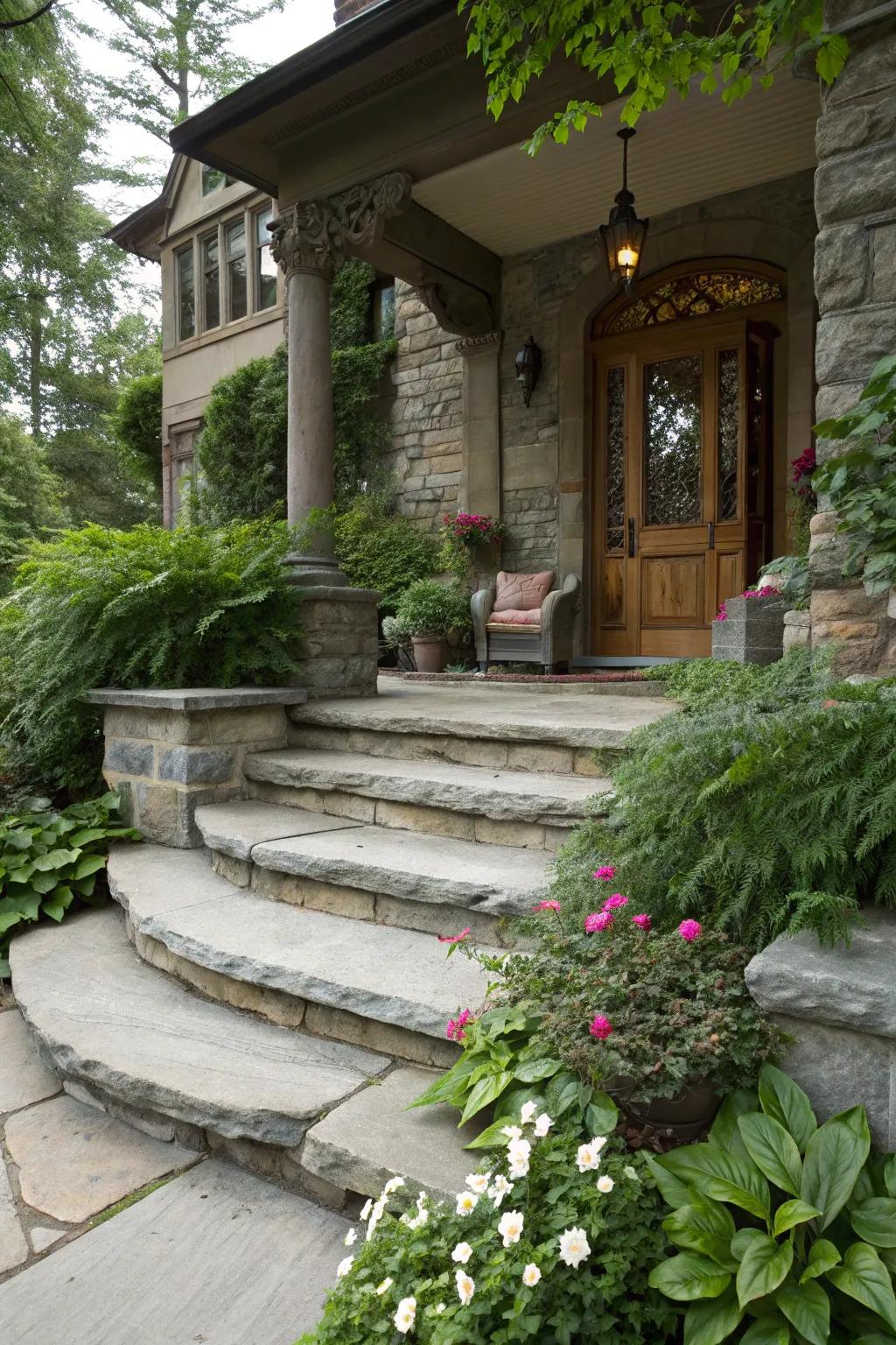 Natural stone steps add elegance and durability.