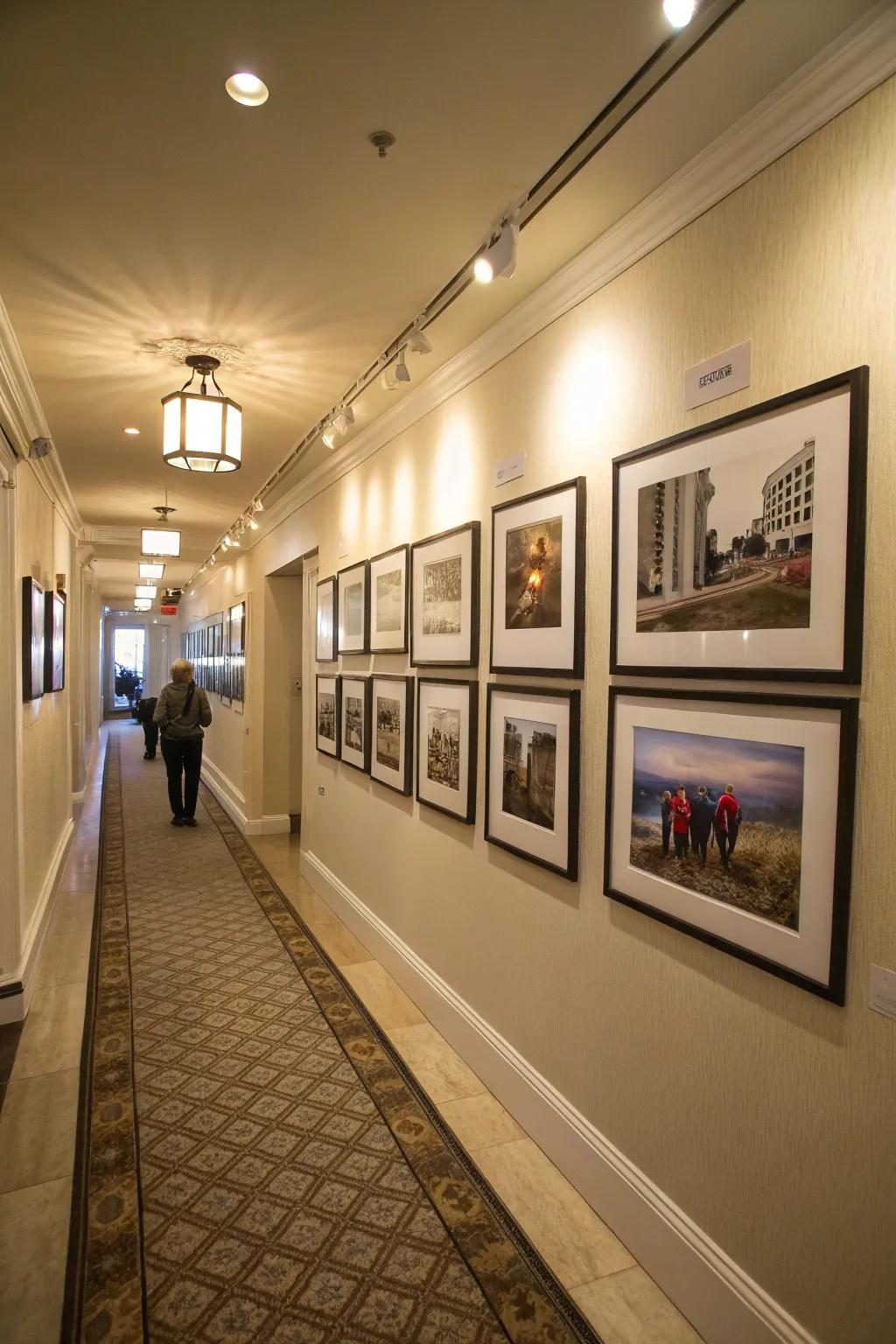 A storyboard layout gallery wall narrating a journey in a hallway.