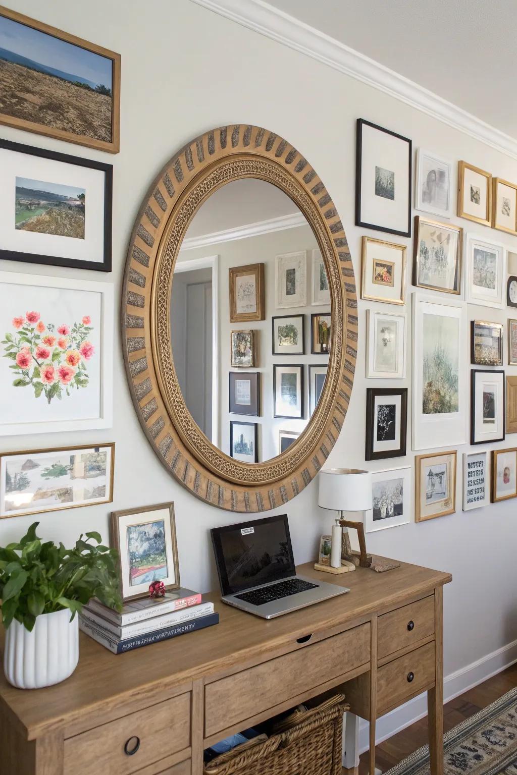 A round mirror in the center enhances light and space in this gallery wall.