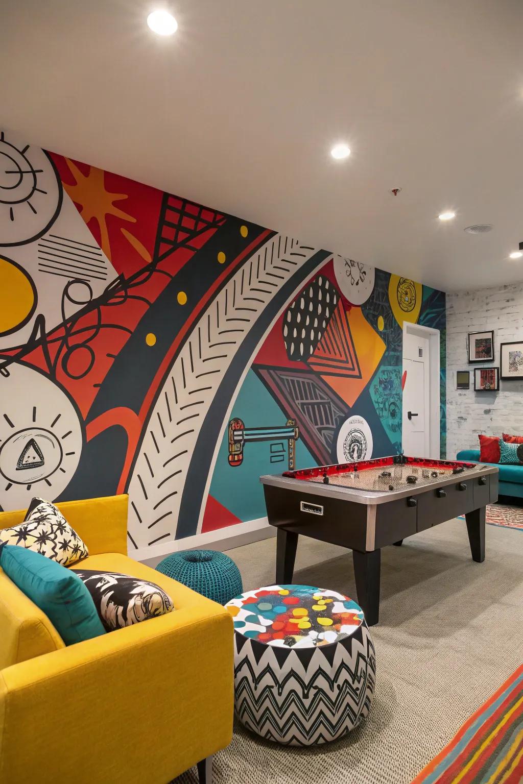 An abstract art-themed game room mural for a creative touch.